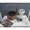 Image 1 : Rustic Decor Lot Featuring Wooden Basket, Metal Sign, and Hardware