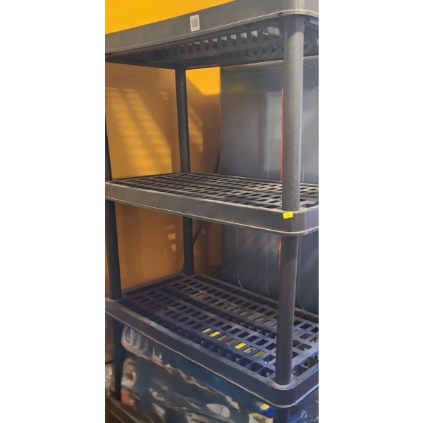 Resin 5 Shelf Storage 36 W, 18 D, 76 T (Contents Shown Blurred on Bottom 2 Shelves, NOT Included)