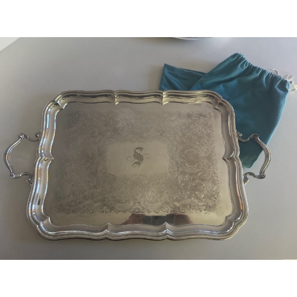 XL BIRKS Regency Silverplated Serving Tray w/ Storage Bag & Inscribed w/ S
