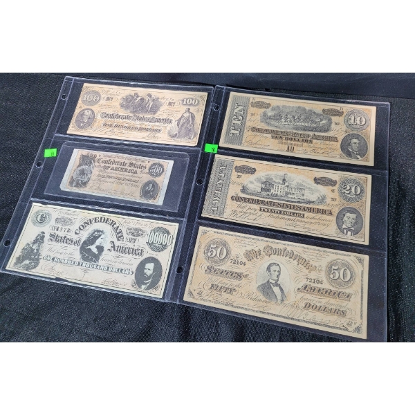 Confederate States of America Banknotes in Protective Sleeves