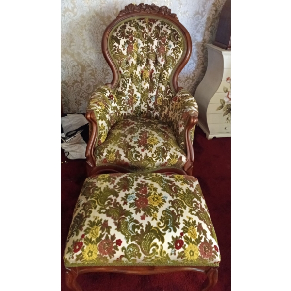 Cloth and Wooden Vintage Chair w/ Stool - 26W, 31D, 41T 