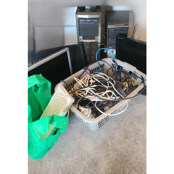 Big Basket: Various Cords, Computer CPU's, Monitors (Parts Only/ No Power Cords or Cables/ As-Is) 