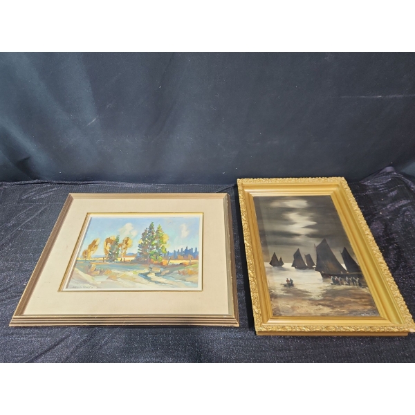 "Moonlit Harbor" & "Looking into the City"  Signed Paintings. 