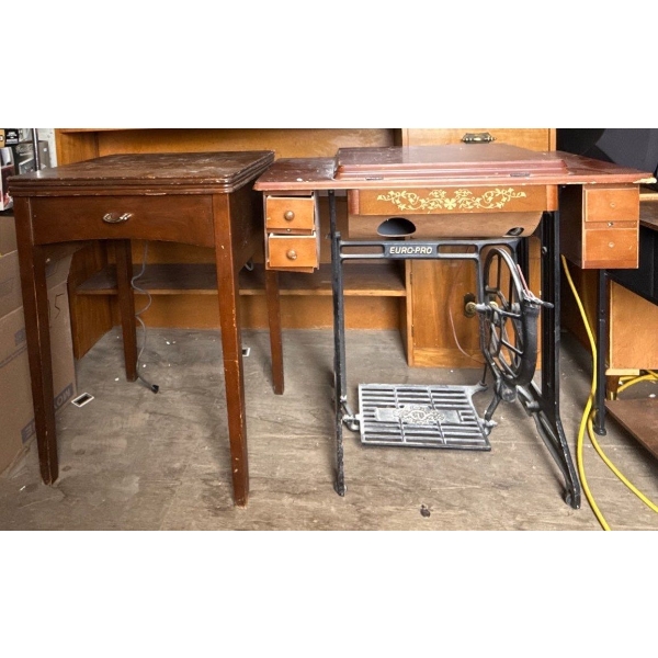 pair of Desks w/ Sewing Machines Inside As Is, Euro Pro & Singer JO653047 - Lg (Euro) is 34W, 32T 