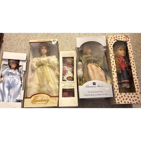 Collection of Porcelain Dolls, 5 Dolls Total; Century, Christmas Secret, Cinderella, Heritage(~17T) 