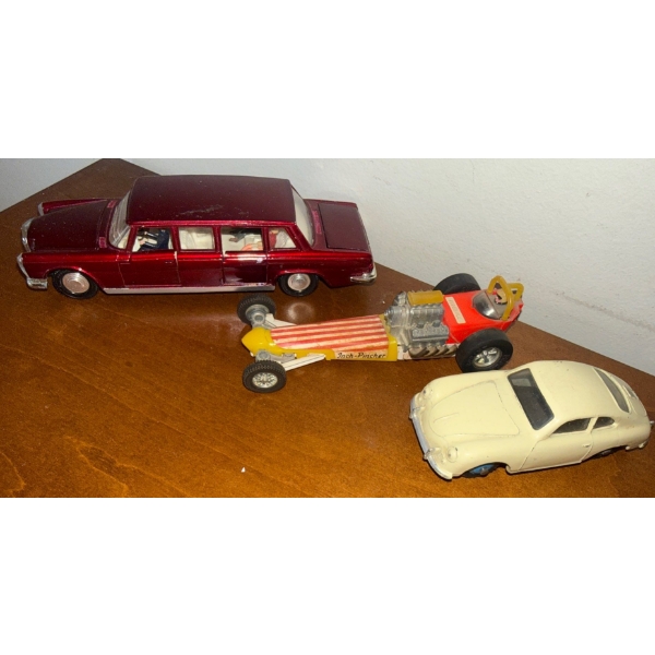 Vintage Dinky Toys 128 Mercedes Benz 600 Series -182 Porche 356a Coupe & 370 Fireball Dragster