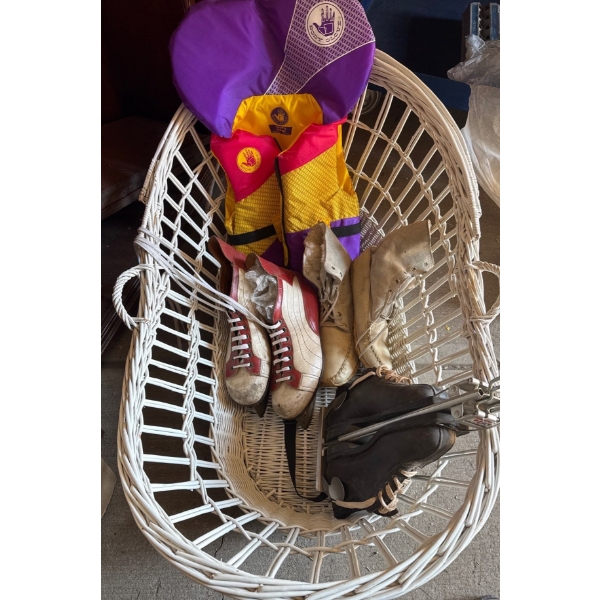 Vintage Skates, Boots, Junior Life Jacket and Large Woven Basket (37L) 
