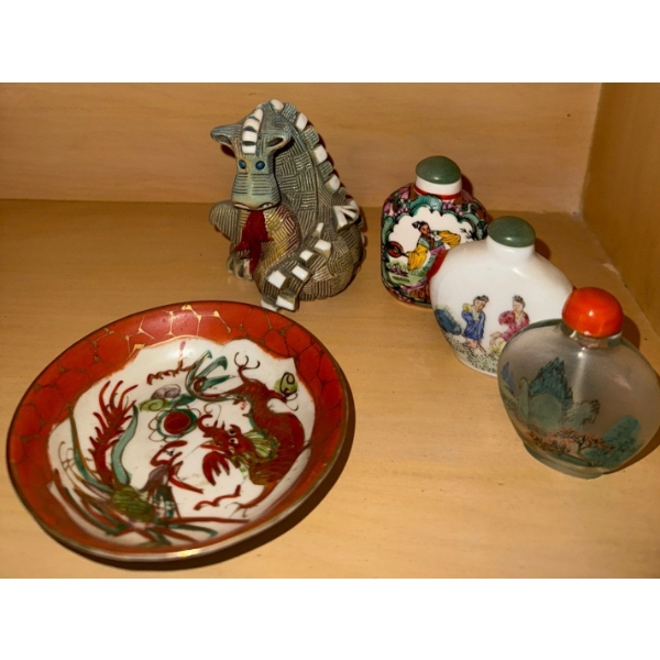  Vintage  Decorative Asian Collectables - Snuff Bottles 2.5T Chinese Porcelain Plate & More