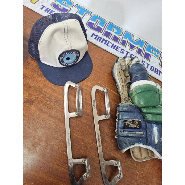 Hockey Memorabilia Lot Featuring Gloves, Blade Protectors, Cap, and Scarf