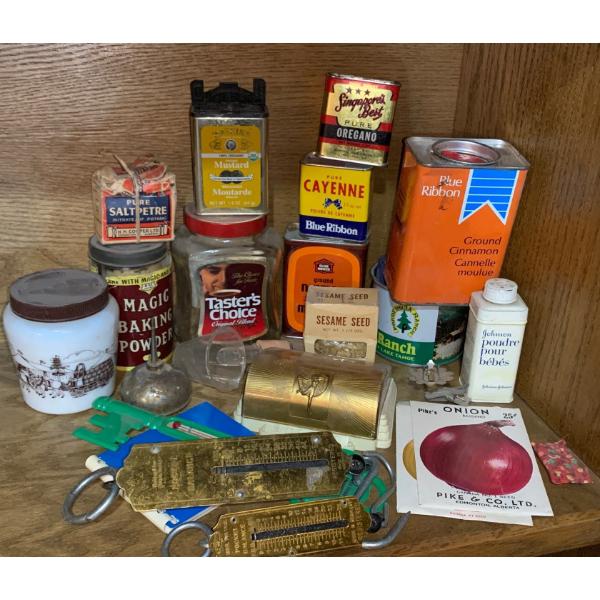 Antique Kitchen Collectables - Spices Tins Moonshine Canteen & More