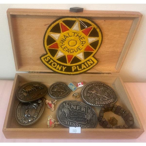 Assorted Belt Buckles Jewellery Box Lapel Pins & Stony Plain Jacket Patch