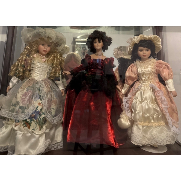 3 Antique Inspired Victorian Porcelain Dolls 15T - 2 Pretty In Pink 1 Scarlet Gown