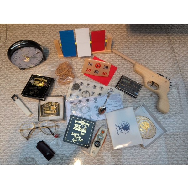 Hand Carved Elastic Shooting Gun w/ Target Practise Belt Buckles Desk Clock & More