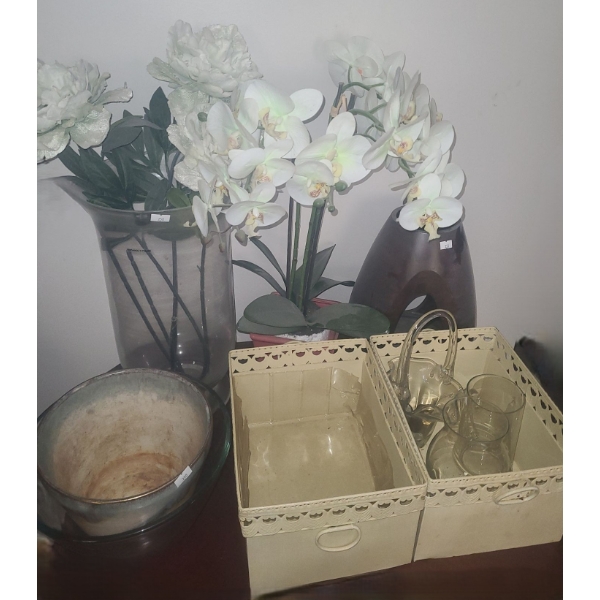 Wooden Vase 12 T, Glass Vase 16 T, Artificial Orchids, Metal Baskets 8 X 10 and More!