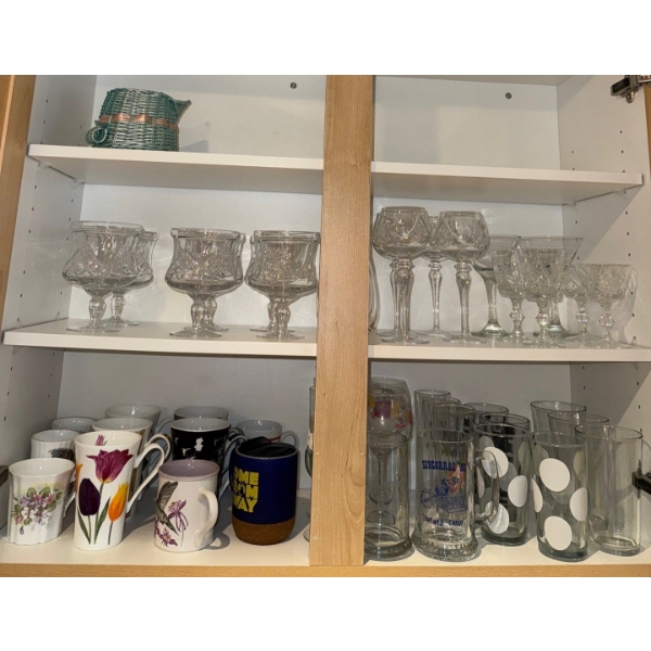 Double Door Cabinet Contents - Crystal Stemware Mugs & More