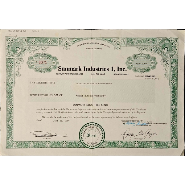 Vintage Stock Certificate (1996, Sunmark Industries 1, Inc.) #2