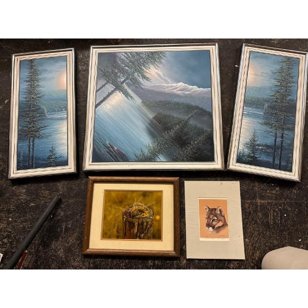 Lakeside Painting, 3 Pcs, By H. Jr (Square Centre Piece is 2Ftx2Ft) & 'Alert Cougar' By Ken C. Print