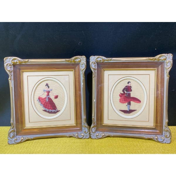 Pair of Vintage, Framed Needlepoint Artworks, Flamenco Dancer and Matador