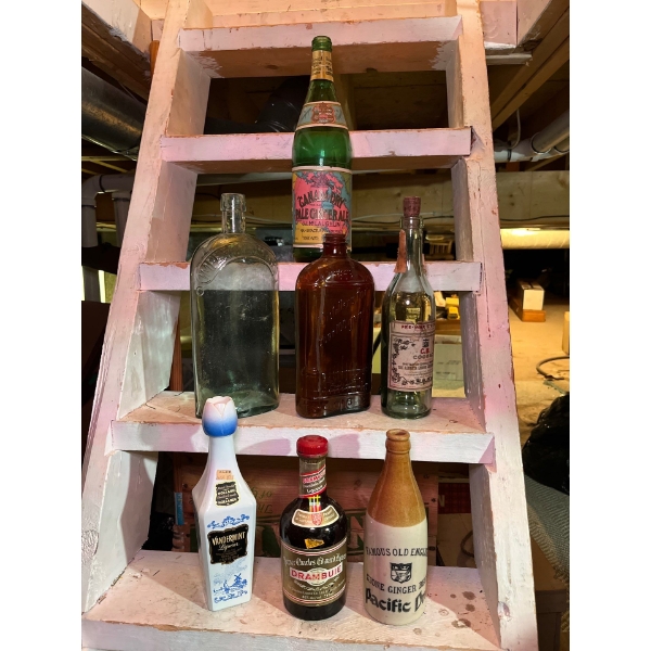 collection of seven vintage bottles, famous old English stone ginger beer Pacific dry pre-war streng