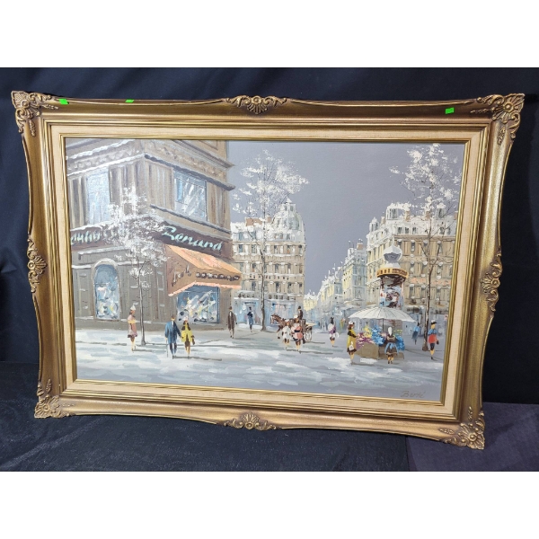 Signed Berté Street Scene Painting, 42×30 Inches