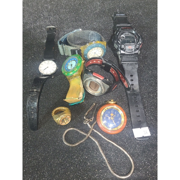 Watches: Canada Pocket Watch, Baby G, Seiko, Swatch X 2, Casio G Shock, Suizo Ring Watch