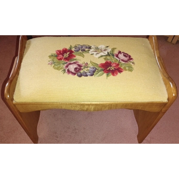 Vintage Petit-Point Embroidered Foot Stool/ Small Bench  Handmade Hand Woven  23" x 14" x 16"