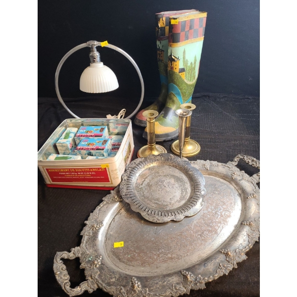 Painted Rubber Boots Size 10, Vintage Lamp w/ White Glass Shade 13 T, Metal Tray 23 X 14 and More!