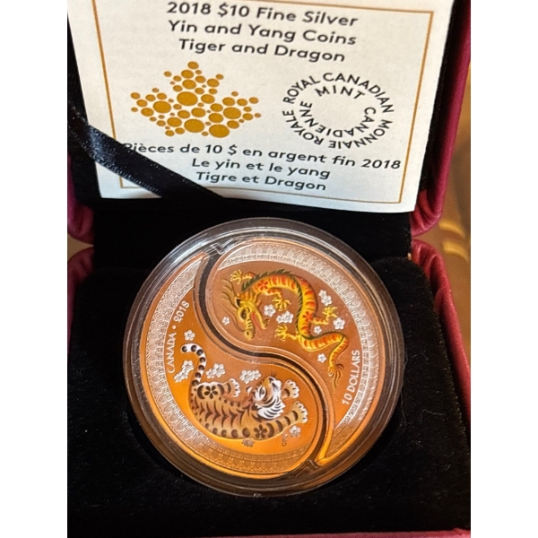 2018 $10 Yin and Yang Coins - Tiger and Dragon - Pure Silver Coin