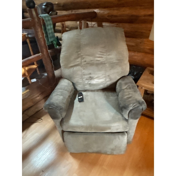Power, stand up recliner, tested, and working upholstered with cloth upholstery 
