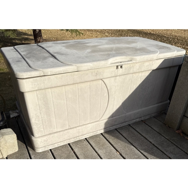 Suncast 99 Gallon Plastic Deck Box Full Of Firewood