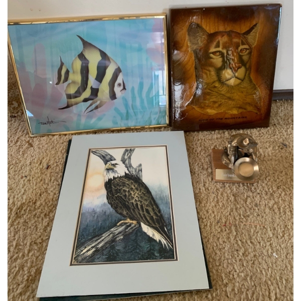 Assorted Home Art Pieces - Nature Prints, Wooden 'King of the Mountains' Piece, and Fairbanks Alaska
