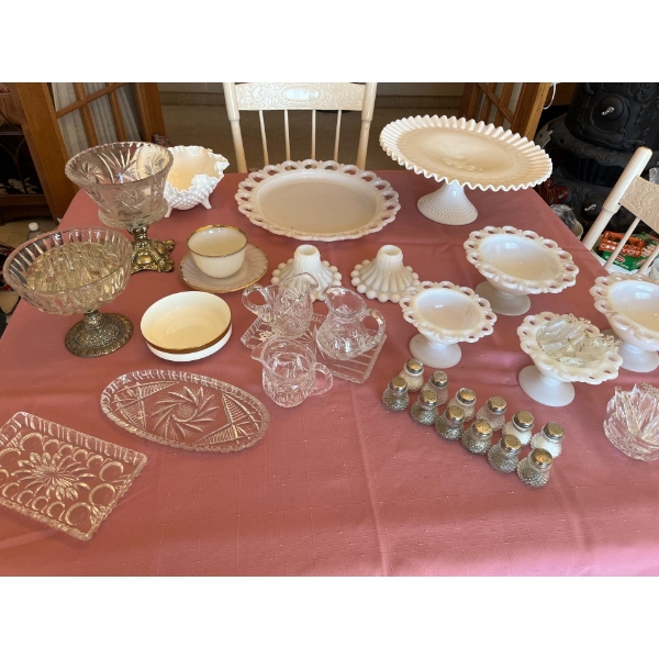 Anchor Hocking Lace Edge Milk Glass collection with several small salt and pepper, shakers, pinwheel