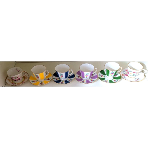6 Gorgous Mismatched Antique Teacups & Saucers - Duchess Queens & More