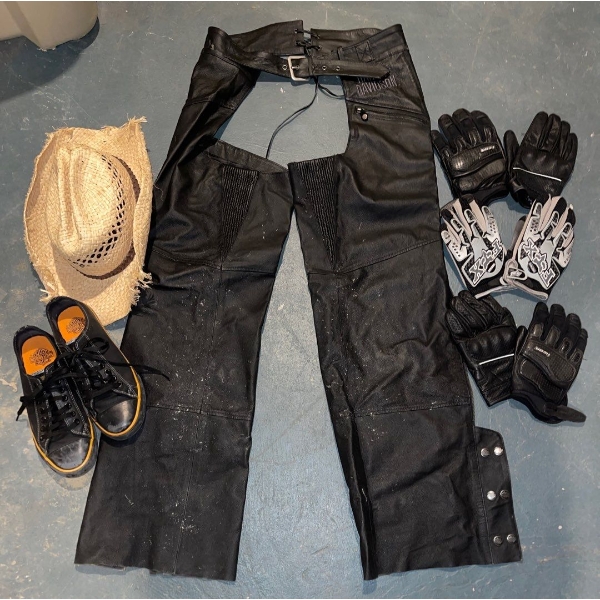 Harley Davidson Leather Chaps w/ Cowboy Hat, Harley Shoes & Three Pairs of Gloves sizeM