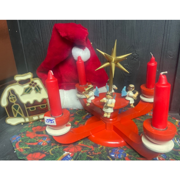 Vintage Holiday Hand Carved Candlebra w/ Stained Glass Candle Holder & More