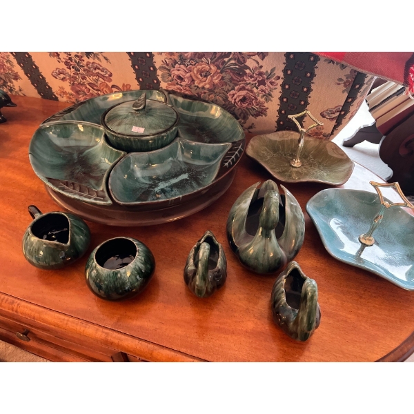 vintage mid-century modern Blue Mountain Pottery includes large candy dish, two small candy dishes w