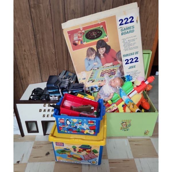 Vintage Painted Toy Box 24 W, 17 D, 15 T, Wooden Auto Station, Building Blocks and Assorted Toys 