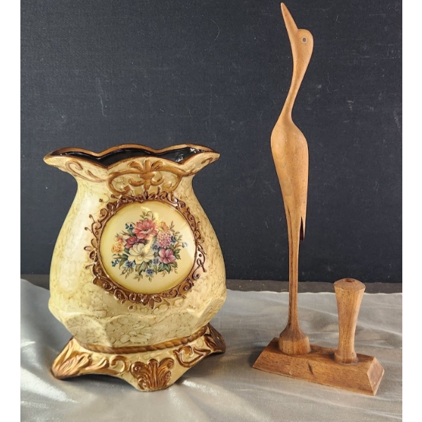 Vintage-Style Ceramic Vase and Wooden Bird Figurine
