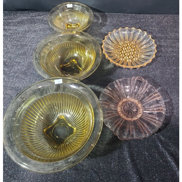 Vintage Glass: Set of 3 Ribbed Mixing Bowls, Largest: 10" Top, Pink Dish, Yellow Dish 8" Diameter