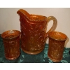Image 2 : Imperial Co.  Lustre Rose Pitcher & Three Tumblers- Marigold Carnival Glass Set