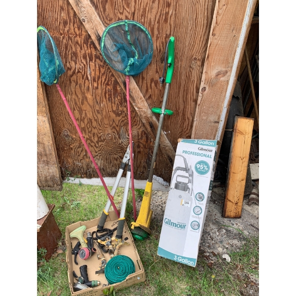 Varied Lot of Gardening Tools with Gilmour 3-Gallon Sprayer