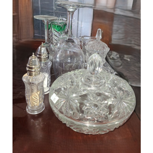 Assorted Glassware: Vase w/ Green Detail  6 T, Candy Dish Bowl 7 " Diameter, Wine Glasses and More!