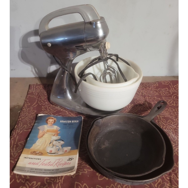 Hamilton Beach Food Mixer w/ Mixguide Model G + Cast Iron Pans 