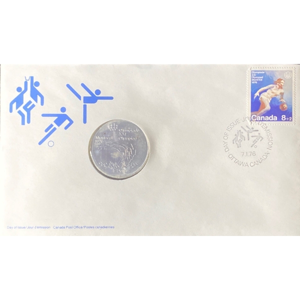 1976 Day of Issue Montreal Olympic Coin & Stamp 92.5% Silver 24.3 Grams