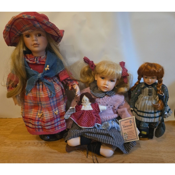 Porcelain Doll Collection: 'Anne of Green Gables', Cozy Vanessa, Country Chic. Tallest is ~19T