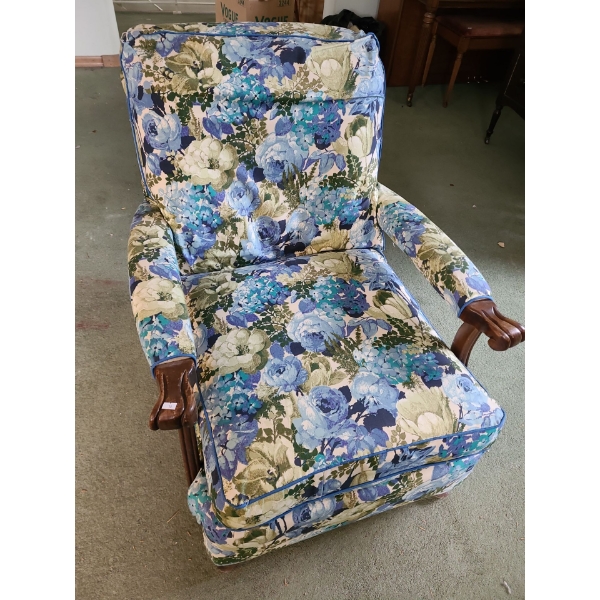 Vintage Floral Chair with Wooden Arms and Feet 35 T, 32 L, 23 W