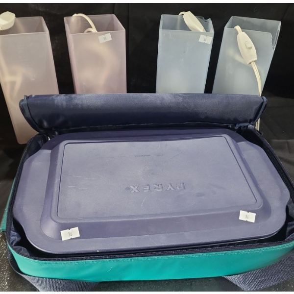 Pyrex w/ Carry Tote 15 W, 10 D, 3.5 T (Tote Dimensions) and Ikea Lights 4 W, 4 D, 9 T 