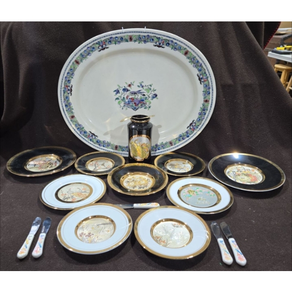 Large Hand Painted Serving Platter + Gold Trimmed Decor Plates + 5 Handled Vintage Butter Spreaders