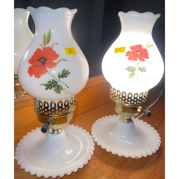 Antique Lanterns w/ Milk Glass Base 16T - Hand Painted Florals (2 Count)
