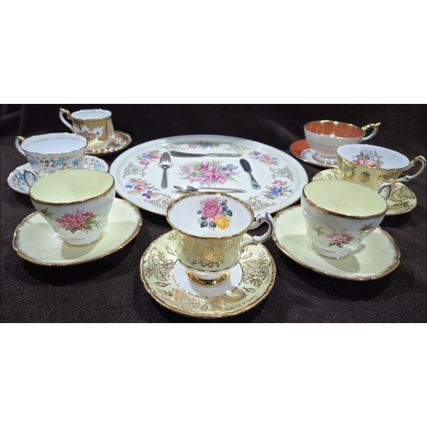 7 Tea Cups With Matching Saucers + Serving Platter & 4 Silver Plated Cutlery Pcs